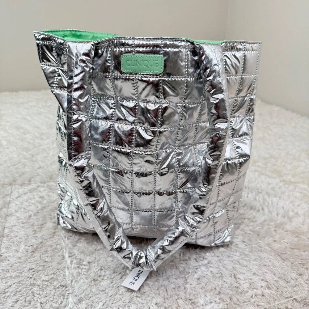 Clinique Silver Quilted Tote Bag Metallic Green Lining Shopper Makeup Puffer